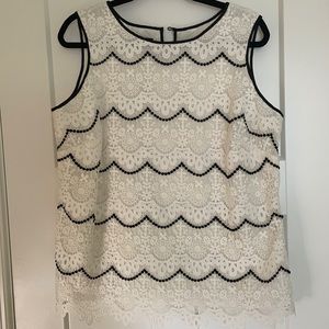 All lace sleeveless top with black accents and scalloped bottom. Talbots